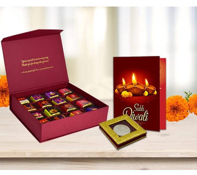 Chocolate Diwali Gift Hamper - Handmade Chocolate Box with Diwali Greeting Card and Silver Coin