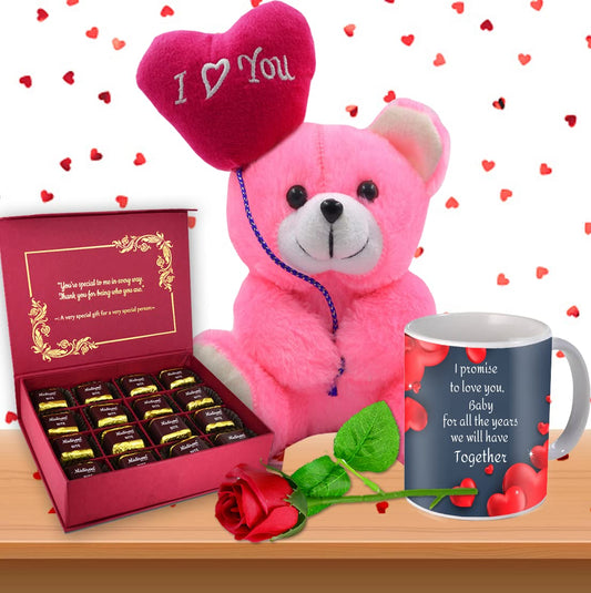 Midiron Love Gift Combo For Wife/Women/Girlfriend/Special One|Anniversary Combo Gift| Valentines,Birthday Gift Hamper With Handmade Chocolate Box, Soft Teddy, Printed Mug & Artificial Rose