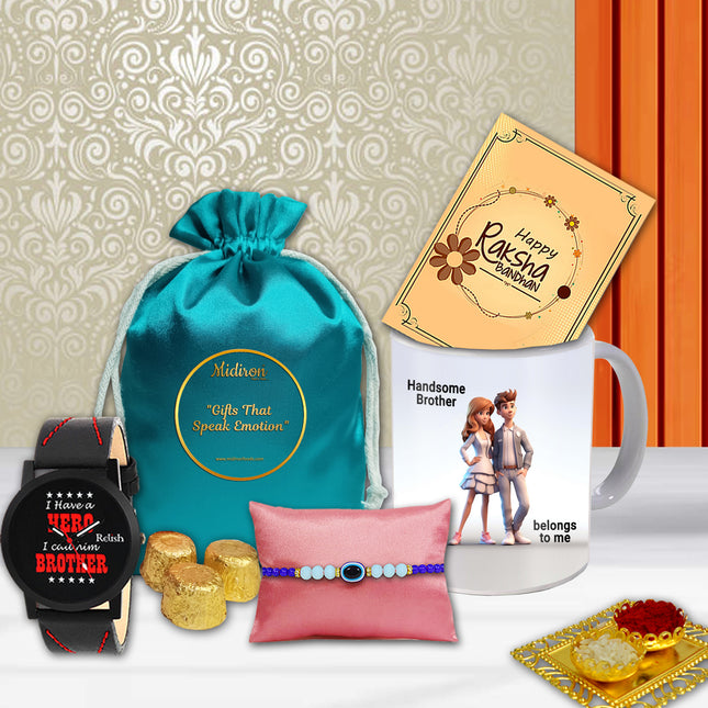 Gift items including a mug, watch, traditional rakhi, and a greeting card 