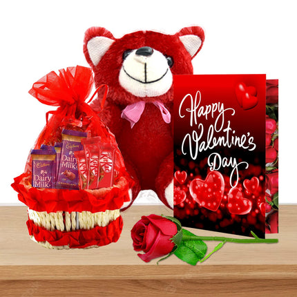 Midiron Unique Love Gift Hamper|Romantic Gift |Valentines Day Gift for Wife/Girlfriend/Lover|Chocolate Red Basket with Dairy Milk & Kitkat, Artificial Rose & Valentine's Day Card - Midiron