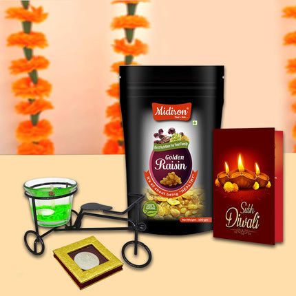 Diwali Gift Healthy Combo - Healthy Diwali Hamper with Dry Raisin Pouch (100g), Diwali Greeting Card, and Silver Coin