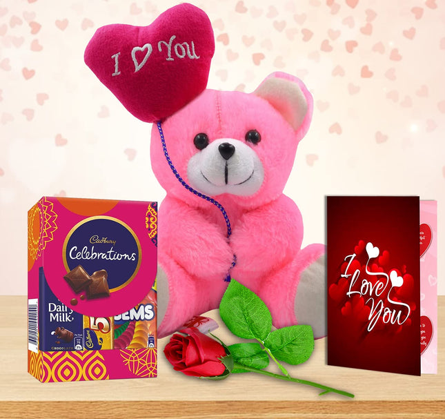 Midiron Valentine's Day Romantic Gift Hamper|Teddy Day, Rose Day, Purpose Day Gift for Couple|Gift for Wife/Girlfriend/Lover with Cadbury Chocolates, Red Rose, Greeting Card & Pink Teddy - Midiron