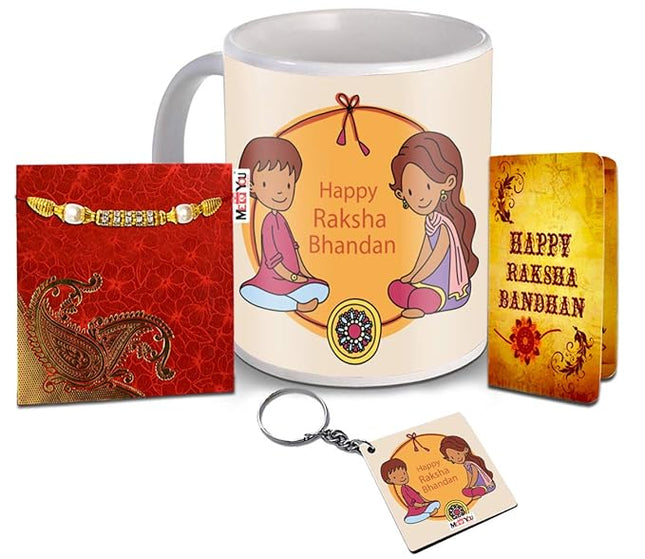 Designer Rakhi for Brother with Happy Raksha Bandhan Printed Mug, Keychain