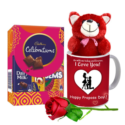 Midiron Valentine's Day Romantic Gift|Propose Day Gift for Couple|Love Gift for Wife/Girlfriend/Lover|Unique Propose Day Gift-Chocolates, Printed Mug(325ml), Red Rose & Teddy - Midiron