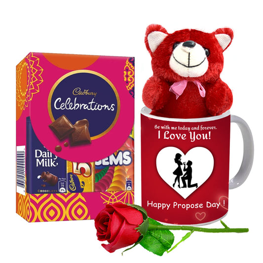 Midiron Valentine's Day Romantic Gift|Propose Day Gift for Couple|Love Gift for Wife/Girlfriend/Lover|Unique Propose Day Gift-Chocolates, Printed Mug(325ml), Red Rose & Teddy