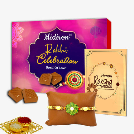 Set of Designer Rakhi with Chocloate and Card, Rakhi Greeting Card Combo