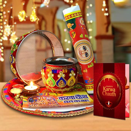 Designer Karwa Chauth Thali Set for Women - Pooja Thali with Channi, Lota & Festival Decor