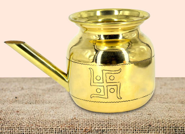 Traditional Brass Karwa for Karwa Chauth - Swastika Pot for Poojan, Vrat & Festival Decor