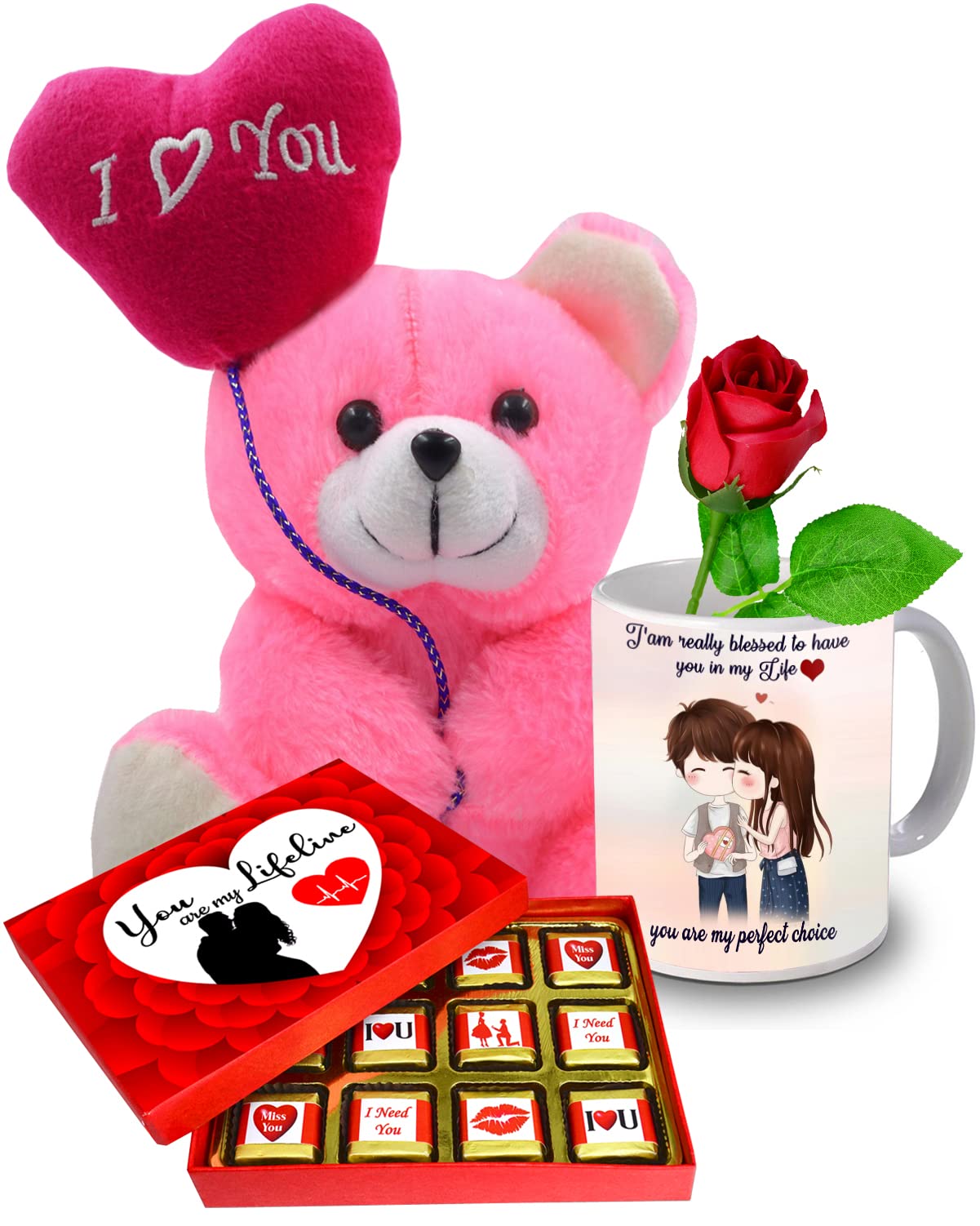 Midiron Chocolate Gift Pack with Teddy Bear, Printed Ceramic Coffee Mug,Artificial Red Rose For Valentine's Day, Chocolate Gift Pack, Chocolate gift for boyfriend, Girlfriend, Husband, Wife