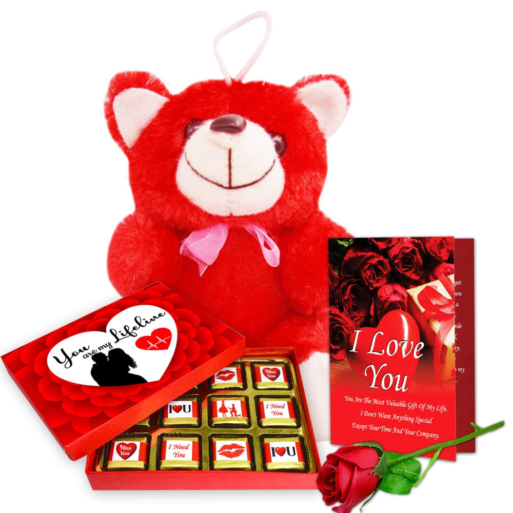 Beautiful Love Gift Hamper | Chocolate Gifts for Love | Valentines Romantic Combo | Chocolate Gifts | Rose Day, Promise Day Gift with Chocolate Bars, Artificial Red Rose & Red Teddy