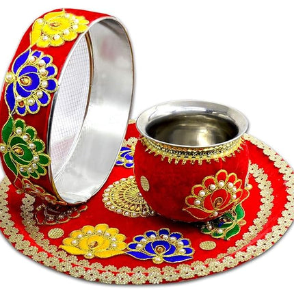 Decorated Karwa Chauth Pooja Thali Set - Festival Thali with Lota, Channi & Sindoor Container