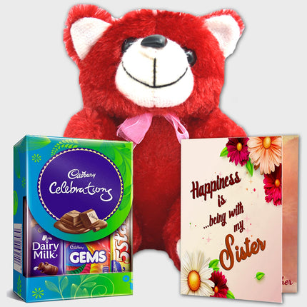 Spacial Gift for Sister for Rakhi, Birthday, Anniversary - Chocolate with Red Teddy, Greeting Card Combo