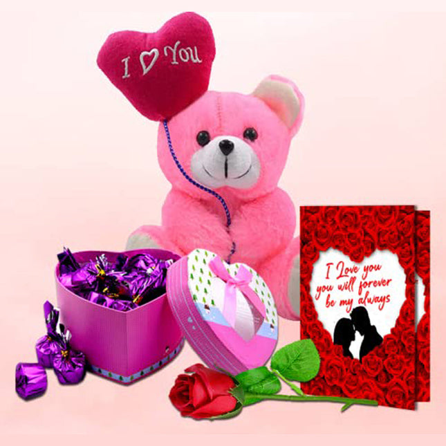 Midiron Romantic Couple Gift|Lovely Gift For Girlfriend/Wife/Lover|Valentine's Week Day Gift|Unique Gift-Handmade Chocolates, Artificial Red Rose, Love Greeting Card & Soft Pink Teddy - Midiron