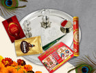 Karwa Chauth Silver Pooja Thali - Karwa Chauth Puja Thali Combo, Karwa Chauth Traditional Thali
