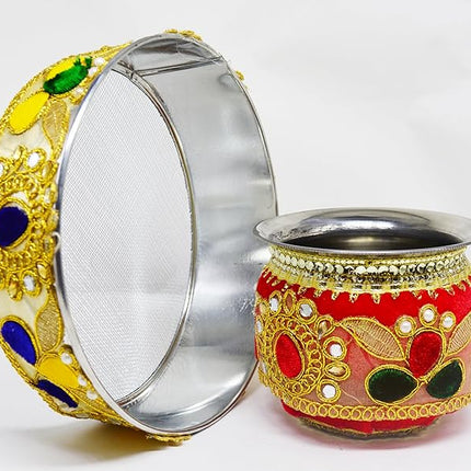 Karwa Chauth Thali Set for Women - Designer Pooja Thali with Channi Lota Sindoor Box & Decor Items