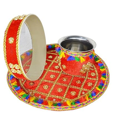 Karwa Chauth Thali Set with Channi and Lota - Beautiful Pooja Thali for Women’s Vrat Rituals