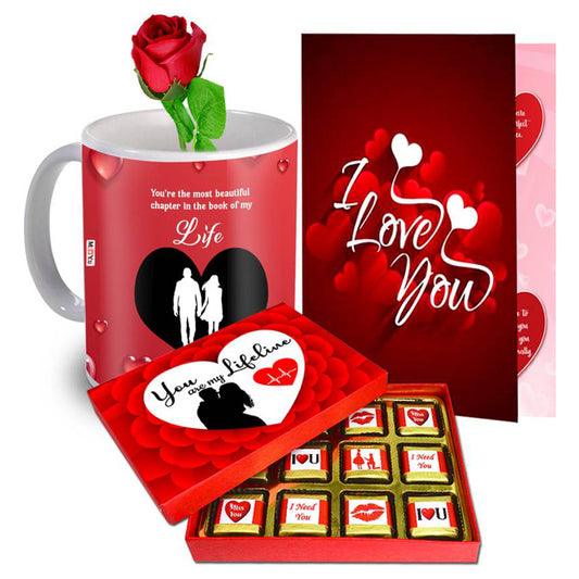 Valentine gift set featuring premium chocolates, a romantic printed mug, Rose,and a Greeting card – perfect for expressing love to your partner.