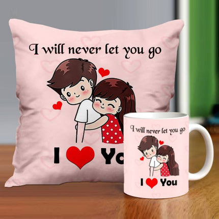 Valentine gift set featuring premium chocolates, a romantic printed mug, rose and a soft cushion – perfect for expressing love to your partner.