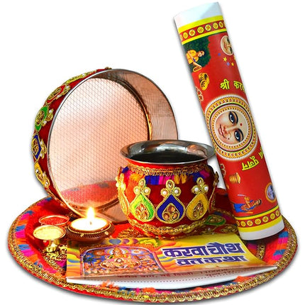 Designer Karwa Chauth Thali Set for Women - Pooja Thali with Channi, Lota & Festival Decor
