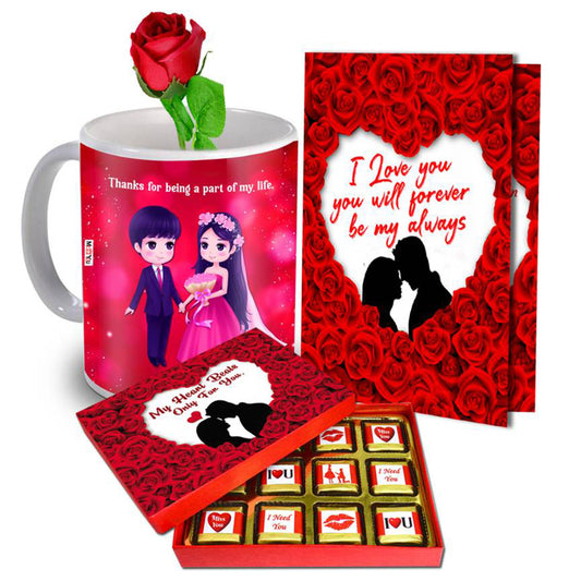 Valentine gift set featuring premium chocolates, a romantic printed mug, Rose,and a Greeting card – perfect for expressing love to your partner.