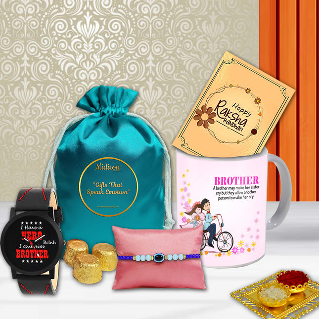 Rakhi Gift items including a mug, watch, rakhi jewelry, and  a greeting card 