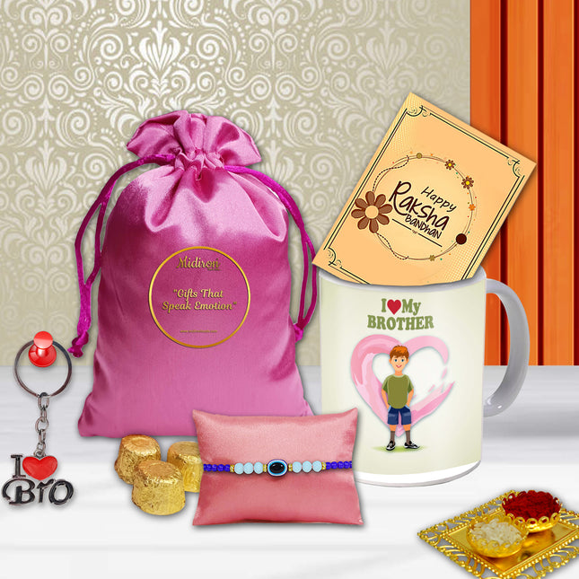 Creative rakhi with mixed materials,Trendy rakhi for fashionable brother,Rakhi with auspicious symbols,Designer rakhi for bhaiya
