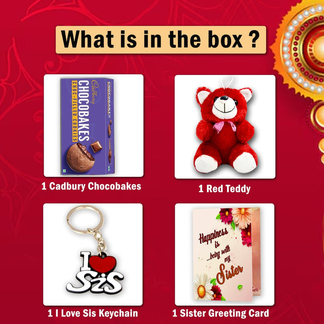  Cadbury Chocobakes, a red teddy bear, 'I Love Sis' keychain, and sister greeting card 