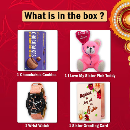  Chocobakes cookies, a pink teddy bear, a wrist watch, and a sister greeting card 