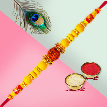 Timeless Rakhi crafted with Rudraksha beads and red threads, symbolizing protection and peace.