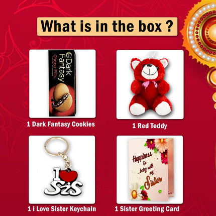  cookies, a teddy bear, keychain, and greeting card on a red background.