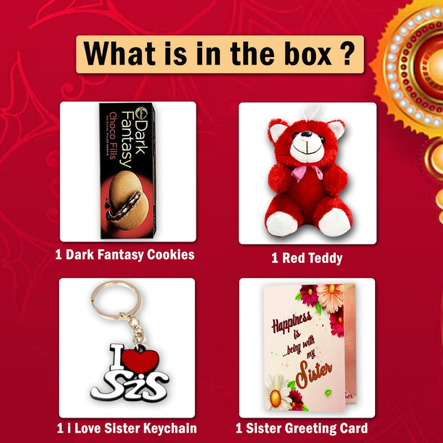  cookies, a teddy bear, keychain, and greeting card on a red background.