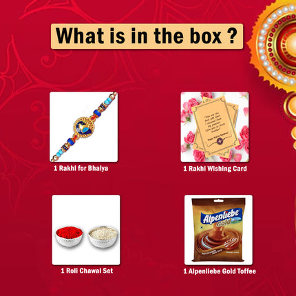 Rakhi Gift Set for Brother – Chocolate Rakhi Hamper with Designer Rakhi, Pooja Thali, Greeting Card & Roli-Chawal