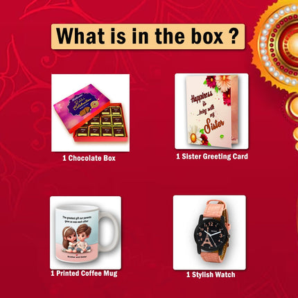  chocolate box, sister greeting card, coffee mug, and watch  , perfect gifts for sister in rakshabhandhan