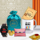 Collection of Raksha Bandhan-themed gifts including a designer mug, watch, card, and jewelry