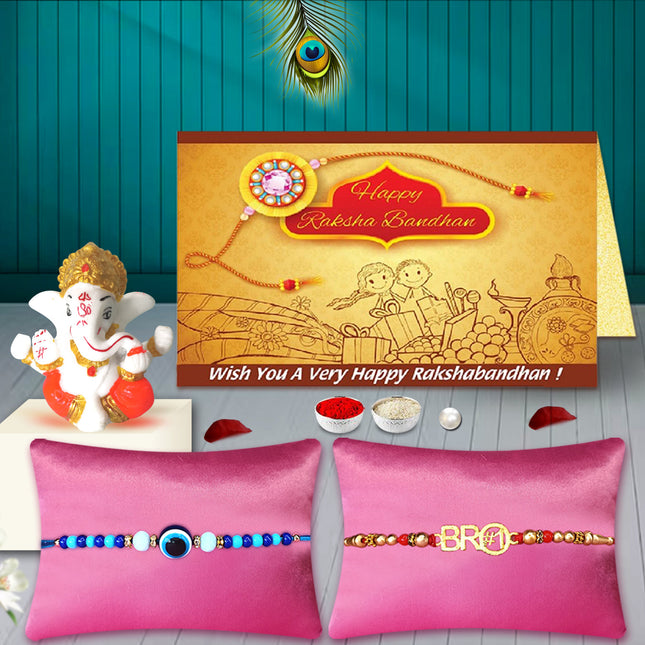 Rakhi Gift Hamper for Brother – Pack of 2 Raksha Bandhan Rakhis with Ganesh Murti