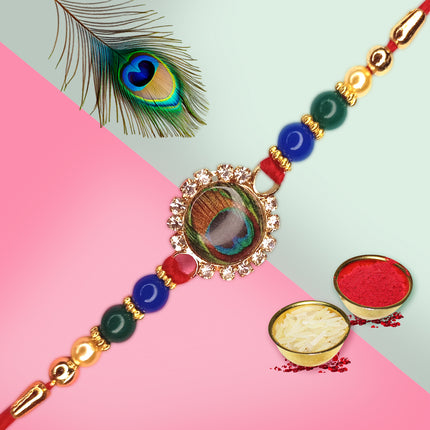 Elegant Rakhi Gifts for Brother – Designer Rakhi in Wooden Box, Choco Almonds, Message Card & Roli-Chawal