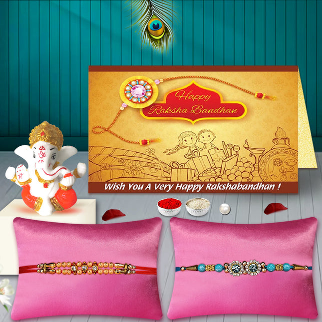 Spiritual Raksha Bandhan Gift – Set of 2 Rakhis with Ganpati Murti for Brother