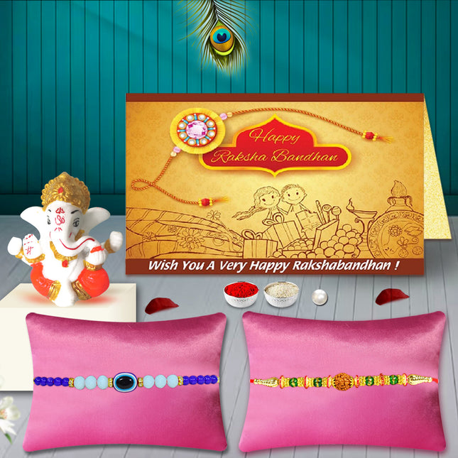 Rakhi Combo for Brother – Pack of 2 Rakhis with Ganesha Idol, Traditional Raksha Bandhan Gift