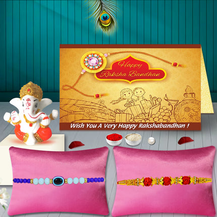 Traditional Rakhi Combo for Brother – Set of 2 Designer Rakhis with Ganesh Idol