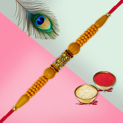 Elegant Rakhi Gifts for Brother – Designer Rakhi in Wooden Box, Choco Almonds, Message Card & Ritual Set