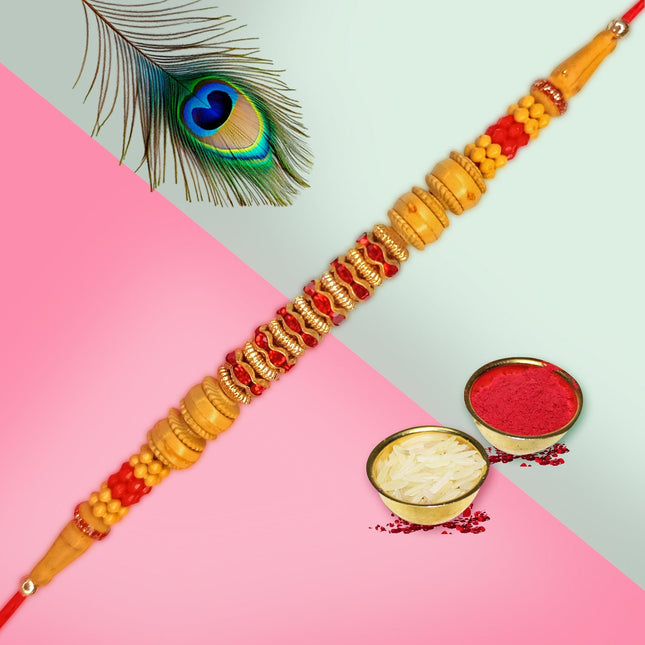 Classic Rakhi Celebration Box – Designer Rakhi in Wooden Box, Chocolates Pouch (90g), Greeting Card & Ritual Essentials