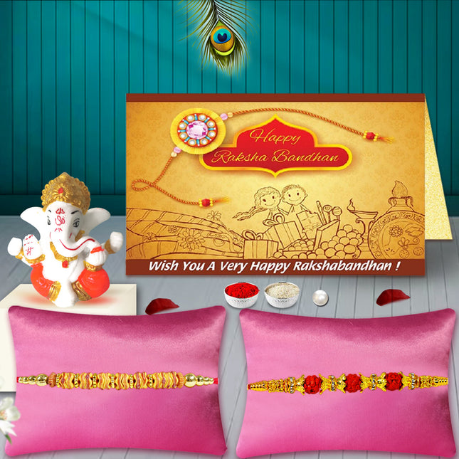 Divine Rakhi Set with Ganpati Murti – Set of 2 Rakhis for Brother with Lord Ganesha Idol