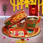 Graceful Karwa Chauth Stainless Steel Pooja Thali, Complete Karwachauth Thali Set with Chalni, Lota, Glass, Perfect for Festival Rituals