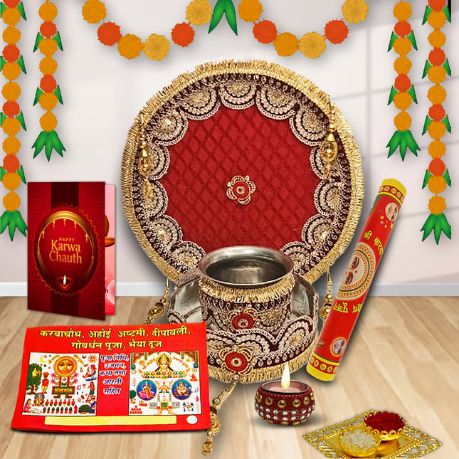 Royal Karwa Chauth Stainless Steel Pooja Thali Set, Designer Karwachauth Thali with Thalpose,  Chalni & Lota, Perfect Festival Puja Accessories