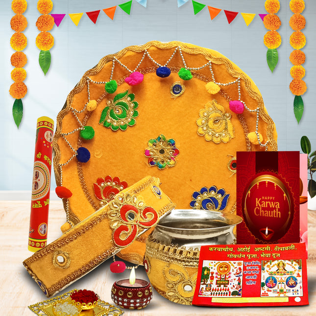 Luxury Karwa Chauth Pooja Thali Set, Stainless Steel Karwachauth Thali with Chalni, Lota, Glass & Puja Accessories, Perfect Gift for Wife