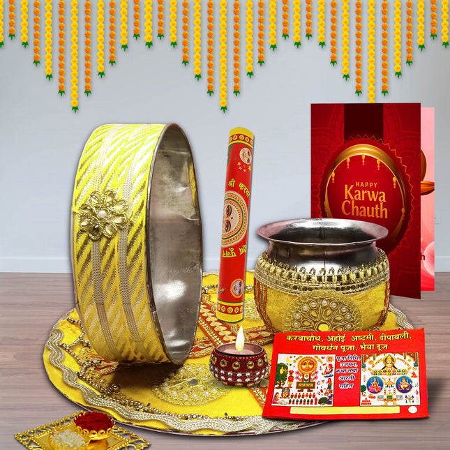 Gorgeous Karwa Chauth Pooja Thali Set, Stainless Steel Karwachauth Thali with Chalni & Lota, Festival Puja Thali for Ladies & Married Women