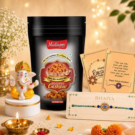 Premium Rakhi Gift for Brother, Raksha Bandhan Cashew Gift Combo with 1 Designer Rakhi, Peri Peri Cashew, Ganesh Statue, Rakhi Card and Roli Akshat, Fancy Healthy Bhaiya Celebration Pack
