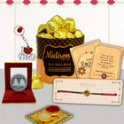 Antique Rakhi Gift for Bhaiya, Premium Rakhi Chocolate Gift Set featuring 1 Elegant Rakhi, Chocolate Box, Coin, Bro Keychain, Rakhi Card and Roli Akshat, Trendy Traditional Celebration Combo