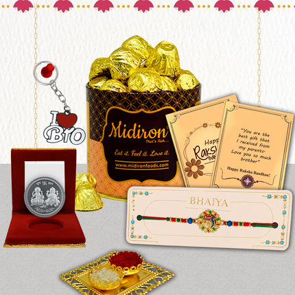 Raksha Bandhan Chocolate Gift Combo, Stylish Rakhi Hamper for Brother with 1 Fancy Rakhi, Chocolate Box, Coin, Metal Keychain, Greeting Card and Roli Akshat, Premium Festive Gift Pack