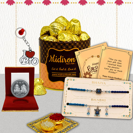 Premium Lumba Rakhi Gift for Bhaiya Bhabhi with Chocolate Box, Bro Keychain, Silver Coin, Designer Couple Rakhi Set, Raksha Bandhan Celebration Hamper with Greeting Card and Roli Akshat